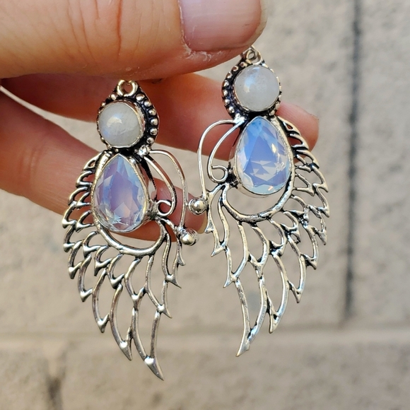 New Opal Opalite & Rainbow Moonstone 925 Silver Wings Earrings. - Picture 2 of 16
